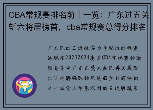 CBA常规赛排名前十一览：广东过五关斩六将居榜首，cba常规赛总得分排名