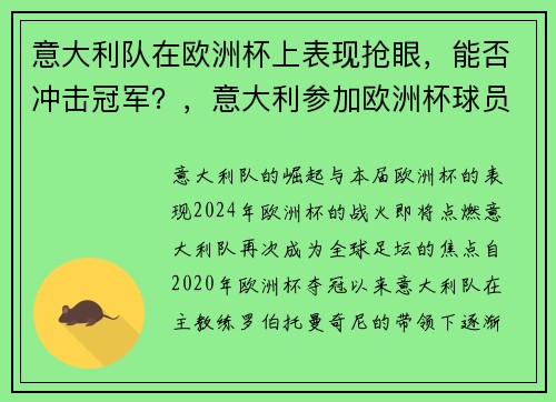 意大利队在欧洲杯上表现抢眼，能否冲击冠军？，意大利参加欧洲杯球员