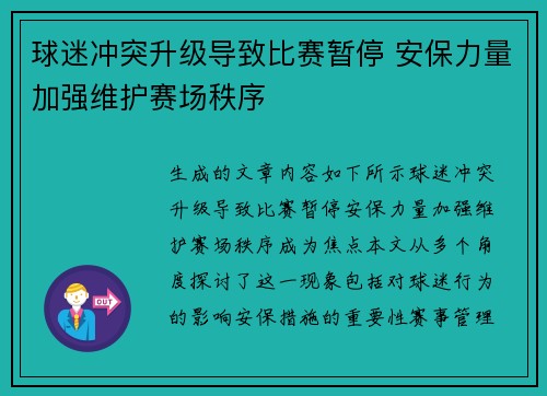 球迷冲突升级导致比赛暂停 安保力量加强维护赛场秩序